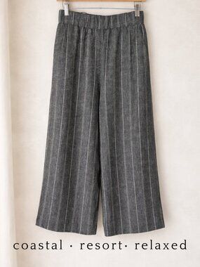 Forever 21 Grey & White Pinstripe Wide Leg Cropped Linen Blend Pants High Rise S